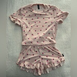 2 piece Pixielane Pink Cherry Print Top and ruffle bottoms